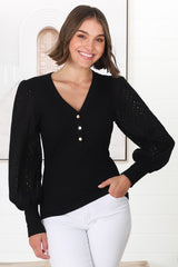 Tara Top - Ribbed Buttoned Detail Top with Cotton Anglaise Sleeves in Black