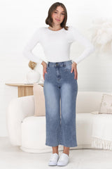 Jace 3/4 Jeans - High Waisted Flare Leg Jeans in Distressed Blue Denim