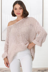 Connie Jumper - Open Knit V Neck Jumper in Pink