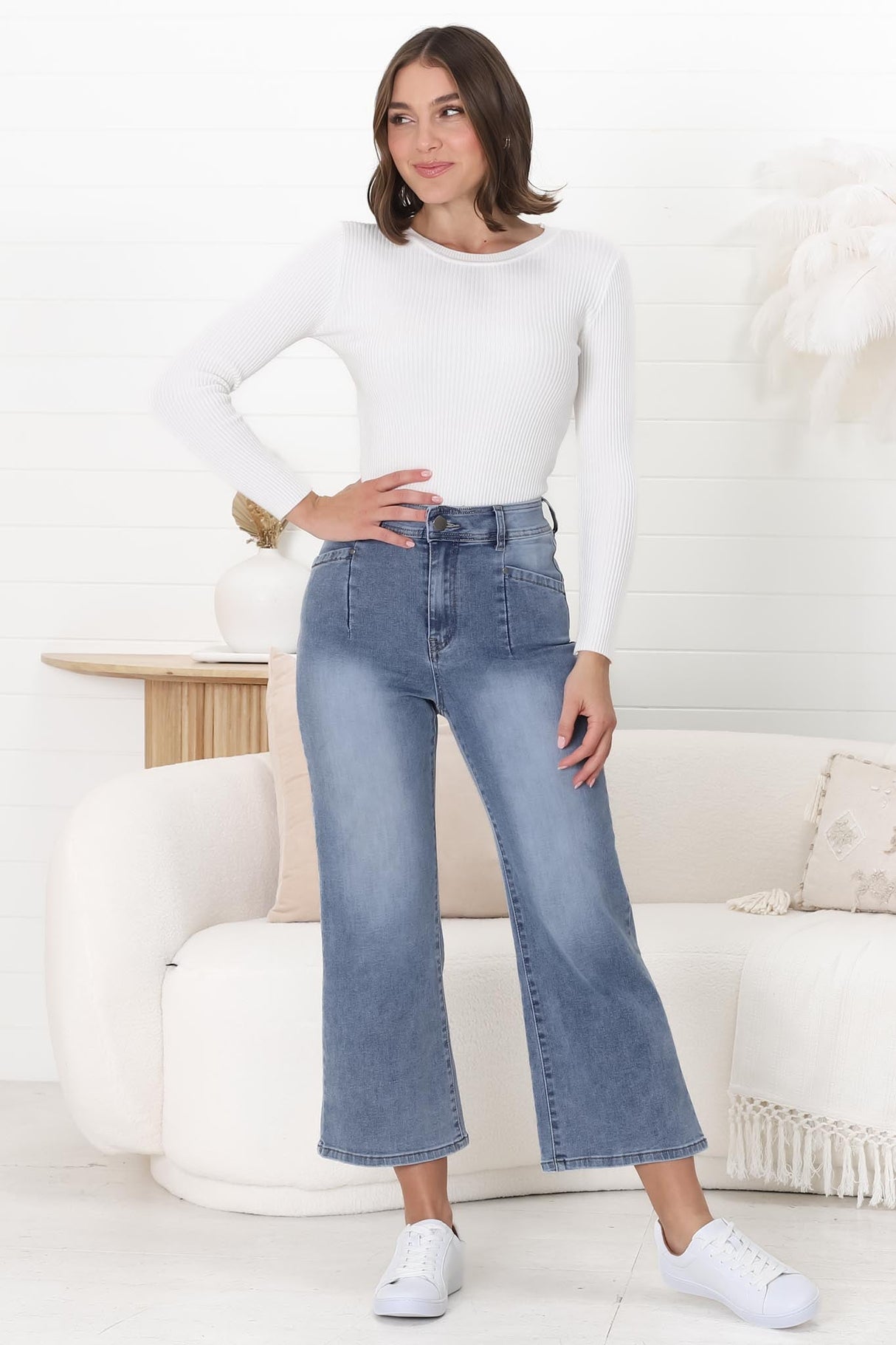 Jace 3/4 Jeans - High Waisted Flare Leg Jeans in Distressed Blue Denim