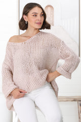 Connie Jumper - Open Knit V Neck Jumper in Pink