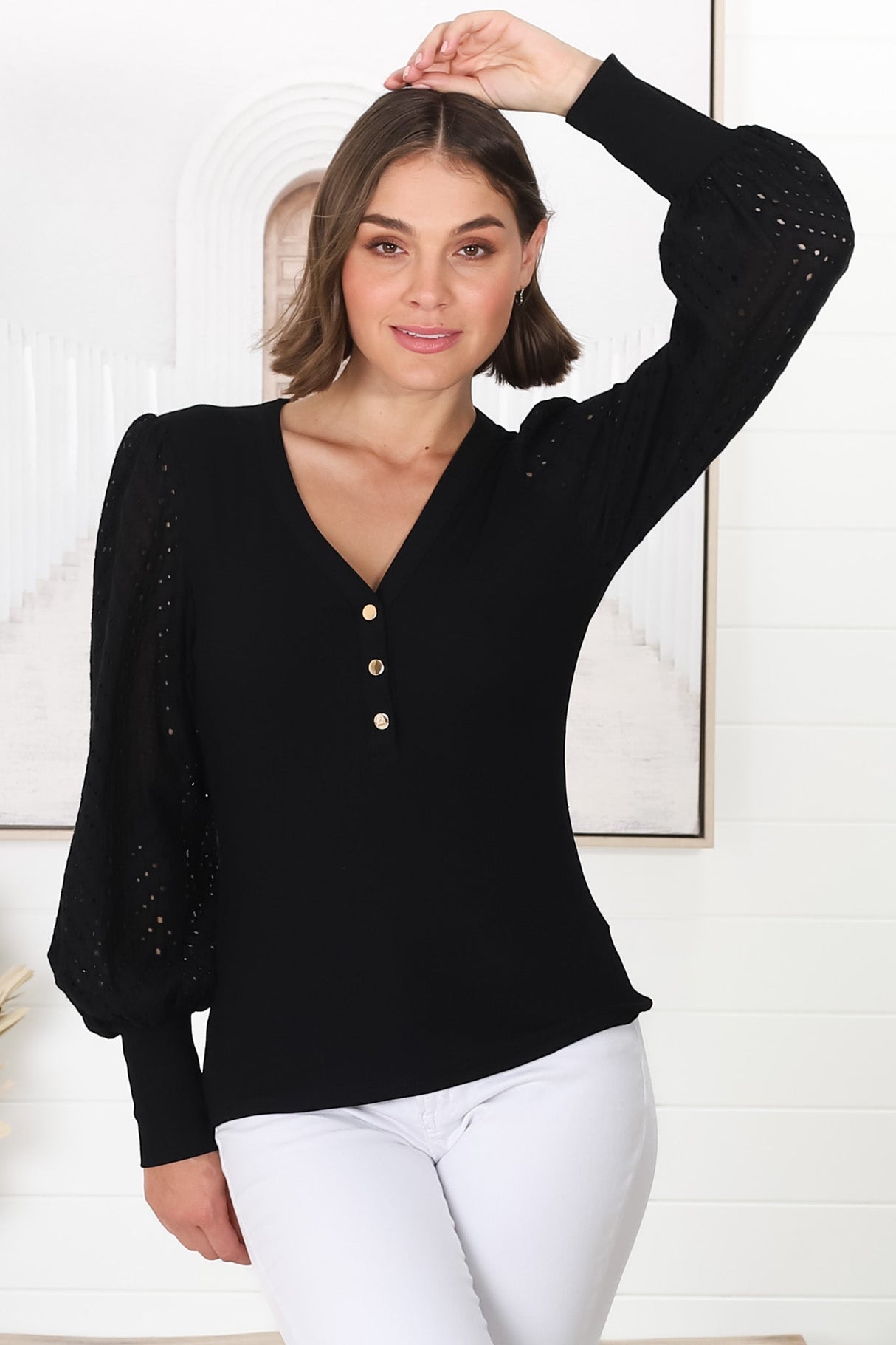 Tara Top - Ribbed Buttoned Detail Top with Cotton Anglaise Sleeves in Black