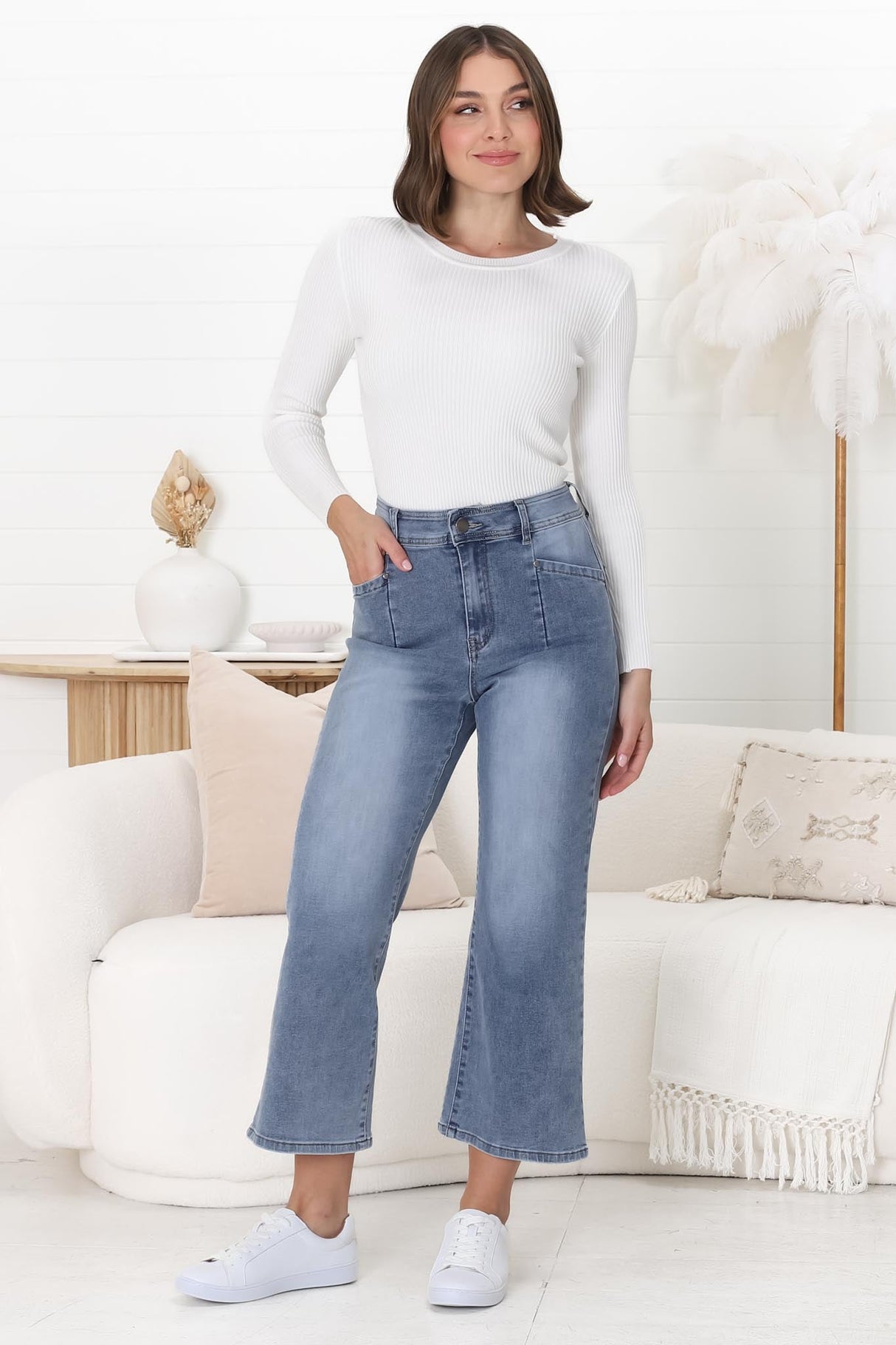 Jace 3/4 Jeans - High Waisted Flare Leg Jeans in Distressed Blue Denim