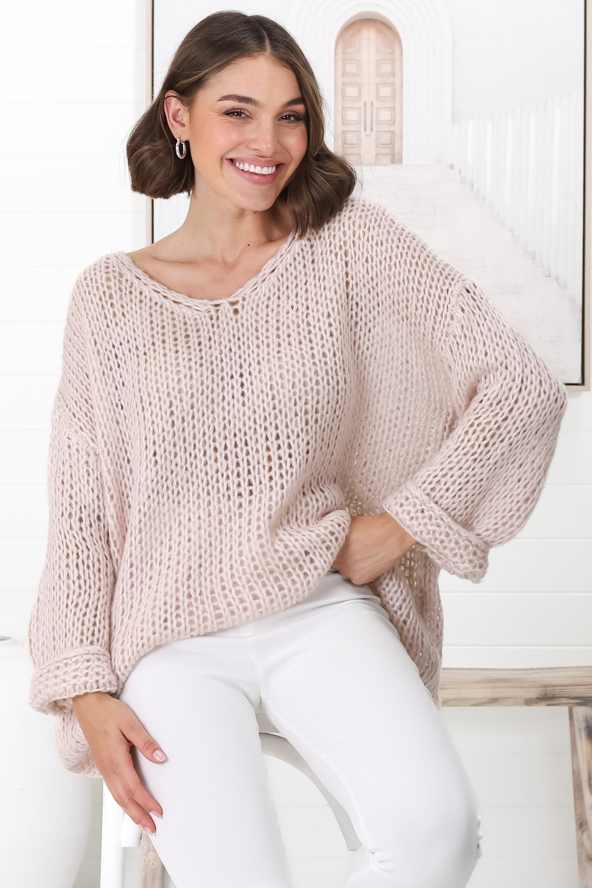 Connie Jumper - Open Knit V Neck Jumper in Pink