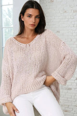 Connie Jumper - Open Knit V Neck Jumper in Pink