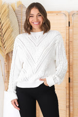 Ruthie Knit Top - Pom Pom Open Knit Decal Jumper in White