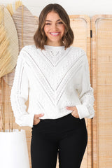 Ruthie Knit Top - Pom Pom Open Knit Decal Jumper in White