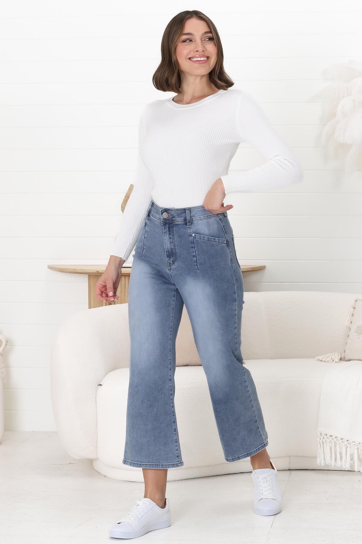 Jace 3/4 Jeans - High Waisted Flare Leg Jeans in Distressed Blue Denim