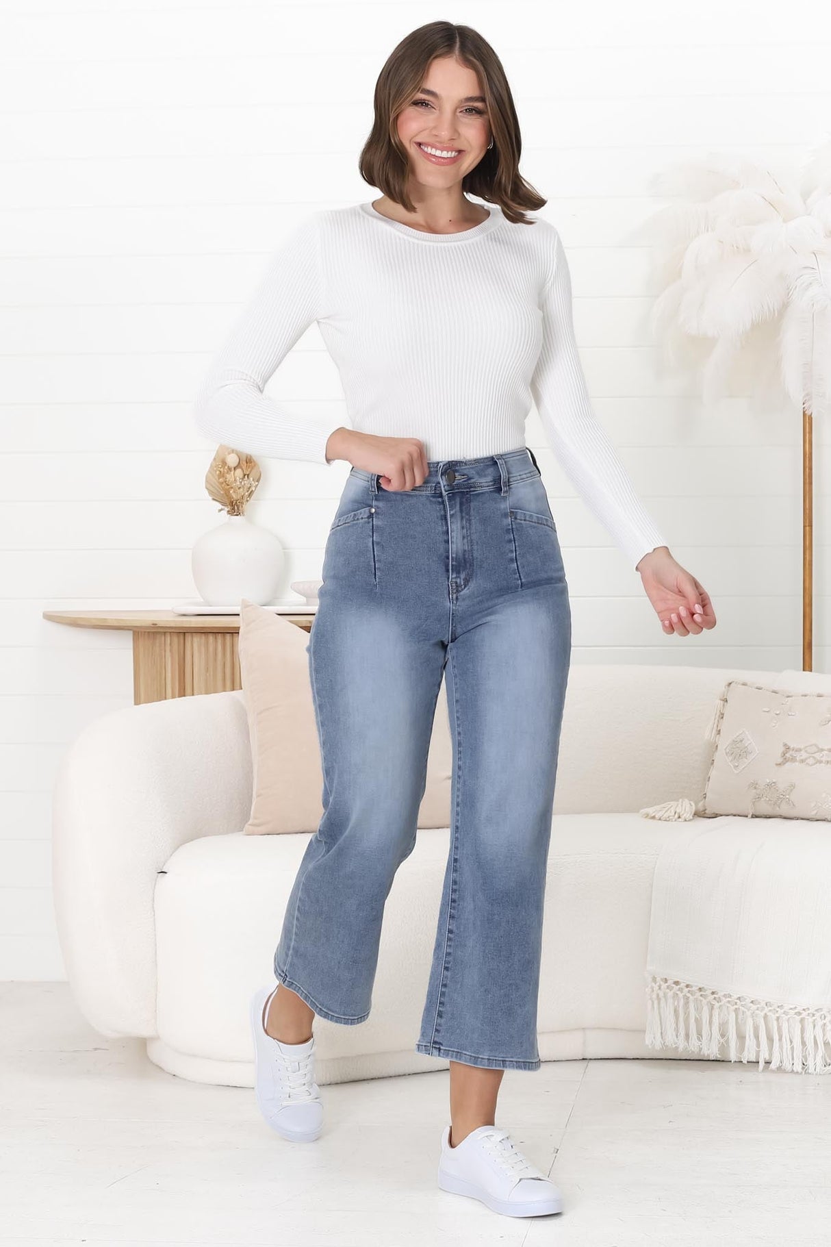 Jace 3/4 Jeans - High Waisted Flare Leg Jeans in Distressed Blue Denim