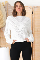 Ruthie Knit Top - Pom Pom Open Knit Decal Jumper in White