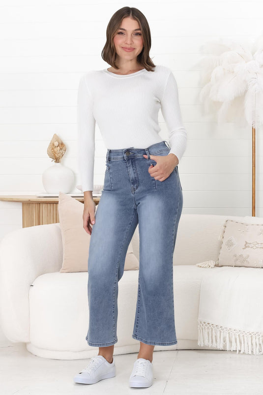 Jace 3/4 Jeans - High Waisted Flare Leg Jeans in Distressed Blue Denim