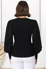 Tara Top - Ribbed Buttoned Detail Top with Cotton Anglaise Sleeves in Black