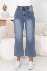 Jace 3/4 Jeans - High Waisted Flare Leg Jeans in Distressed Blue Denim