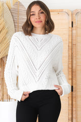 Ruthie Knit Top - Pom Pom Open Knit Decal Jumper in White