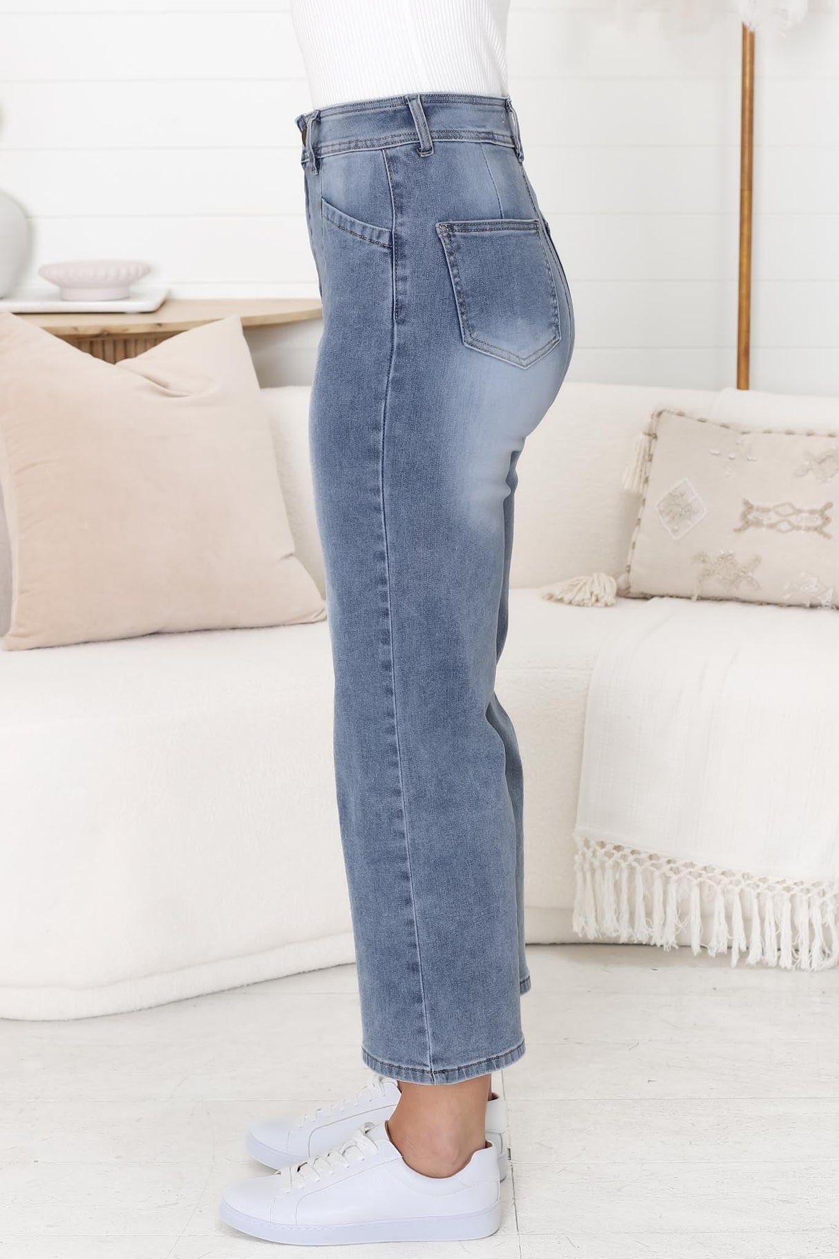 Jace 3/4 Jeans - High Waisted Flare Leg Jeans in Distressed Blue Denim