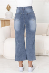 Jace 3/4 Jeans - High Waisted Flare Leg Jeans in Distressed Blue Denim