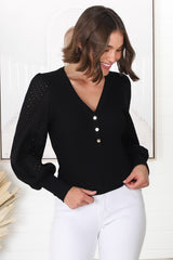 Tara Top - Ribbed Buttoned Detail Top with Cotton Anglaise Sleeves in Black