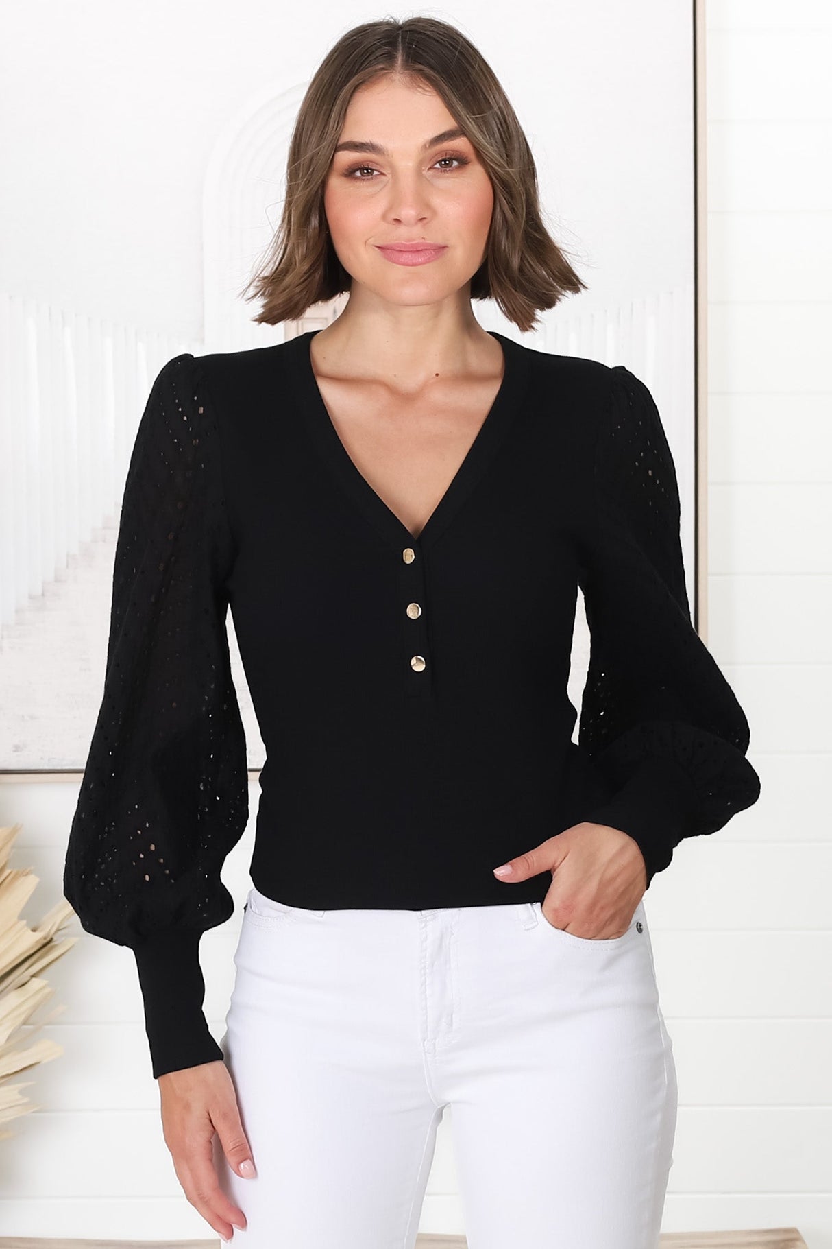 Tara Top - Ribbed Buttoned Detail Top with Cotton Anglaise Sleeves in Black