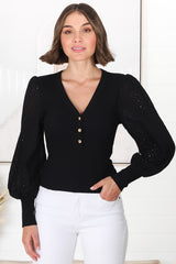 Tara Top - Ribbed Buttoned Detail Top with Cotton Anglaise Sleeves in Black