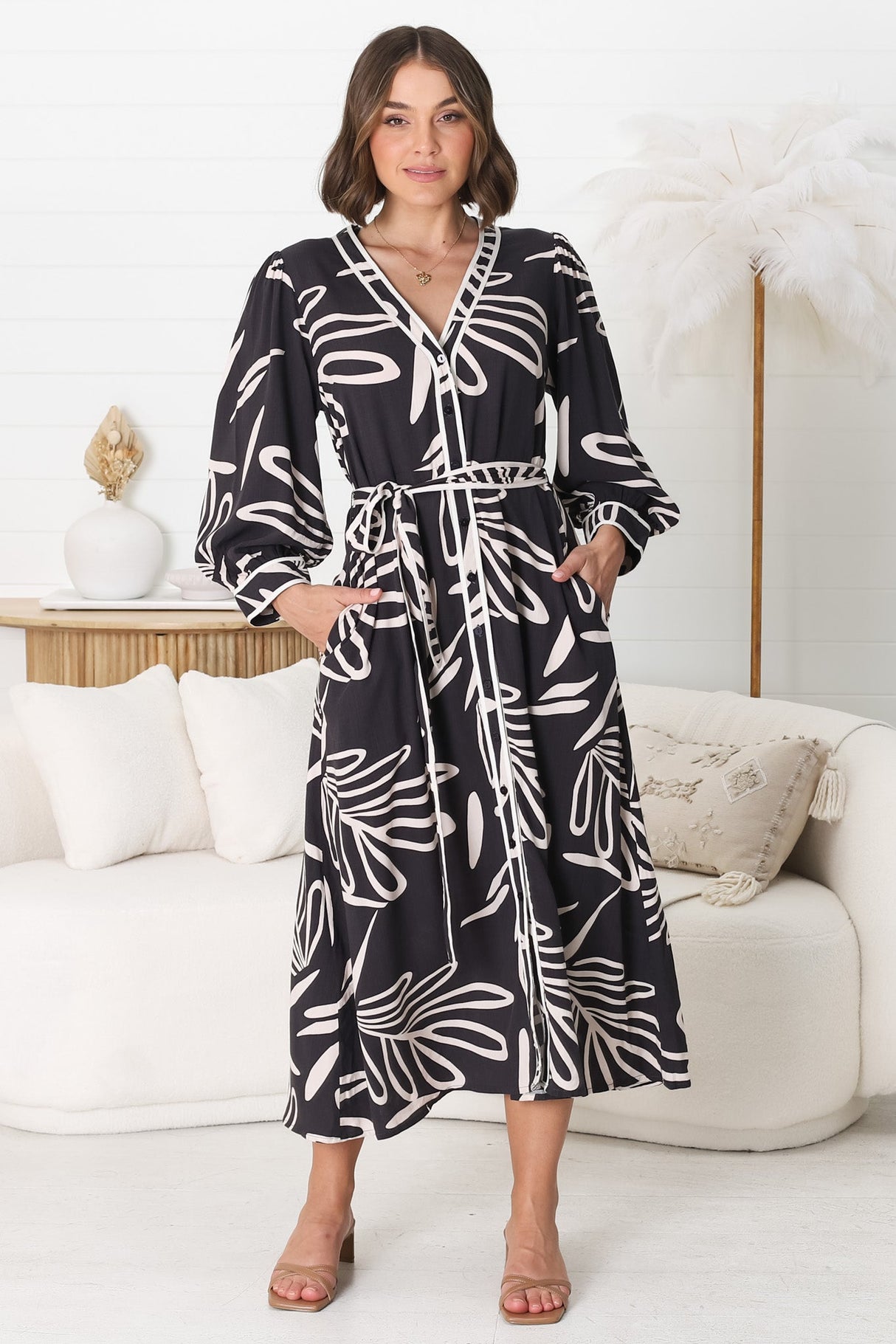 Arlette Midi Dress - Button Down Long Sleeve Dress with Matching Belt in Moore Print