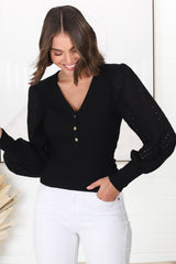 Tara Top - Ribbed Buttoned Detail Top with Cotton Anglaise Sleeves in Black