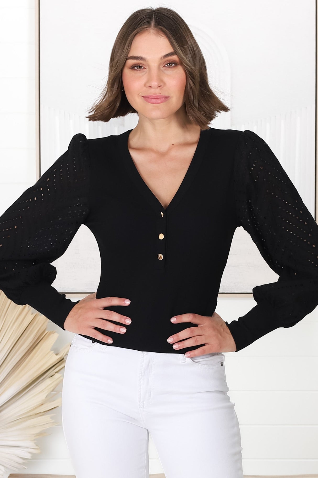 Tara Top - Ribbed Buttoned Detail Top with Cotton Anglaise Sleeves in Black