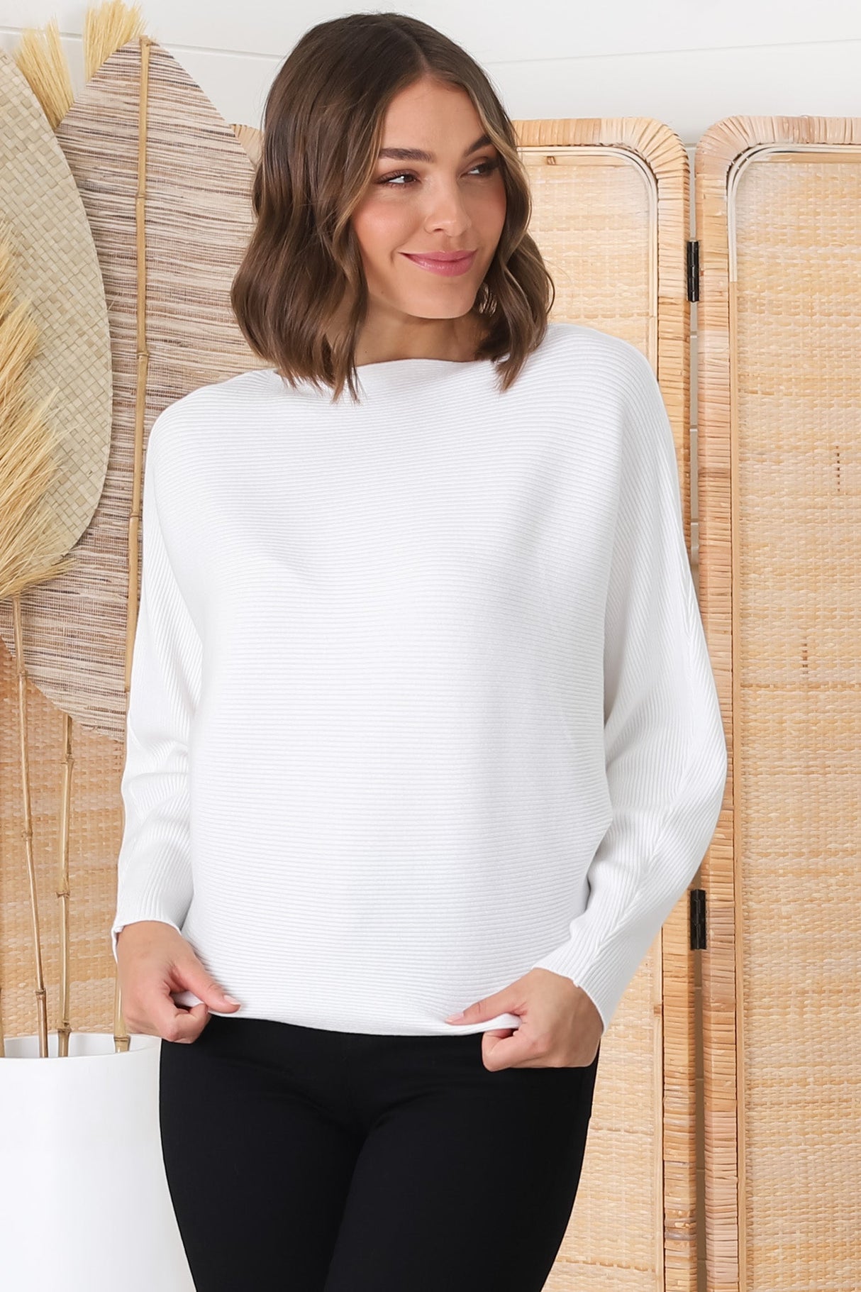 Havanah Knit Top - Boat Neckline Ribbed Top in White