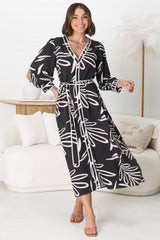 Arlette Midi Dress - Button Down Long Sleeve Dress with Matching Belt in Moore Print