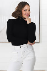 Carson Knit Top - Turtle Neck Knit Top with Scallop Hemlines in Black