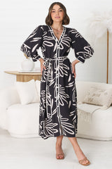 Arlette Midi Dress - Button Down Long Sleeve Dress with Matching Belt in Moore Print