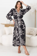 Arlette Midi Dress - Button Down Long Sleeve Dress with Matching Belt in Moore Print