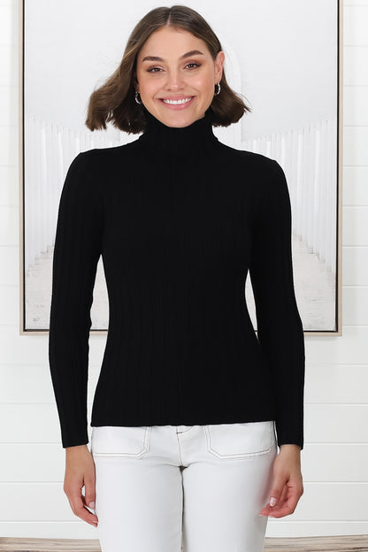 Carson Knit Top - Turtle Neck Knit Top with Scallop Hemlines in Black