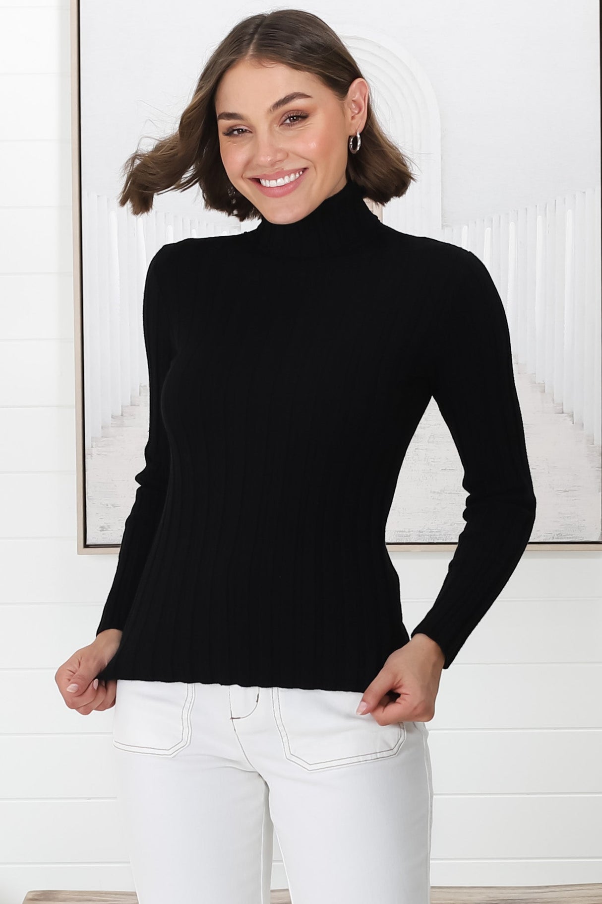 Carson Knit Top - Turtle Neck Knit Top with Scallop Hemlines in Black