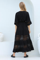 Kaely Maxi Dress - Delicate Lace Panel Detailed A Line Dress in Black