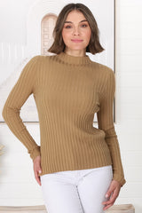 Hellen Knit Top - High Neck Raw Trim Ribbed Top in Tan