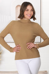 Hellen Knit Top - High Neck Raw Trim Ribbed Top in Tan