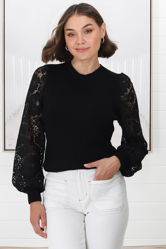 Larna Jumper - Knit Jumper with Lace Sleeves in Black