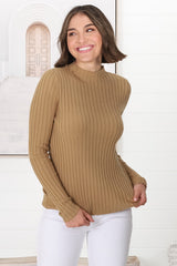 Hellen Knit Top - High Neck Raw Trim Ribbed Top in Tan