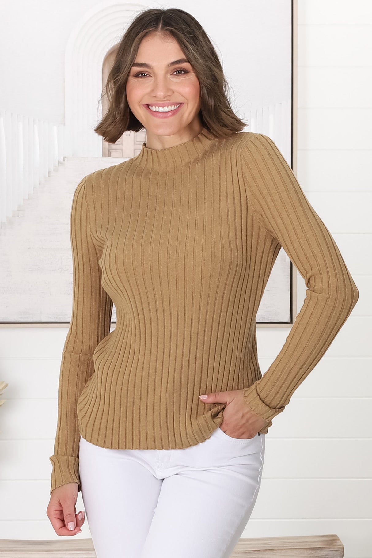 Hellen Knit Top - High Neck Raw Trim Ribbed Top in Tan