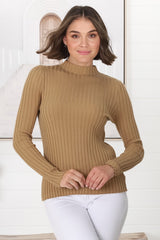 Hellen Knit Top - High Neck Raw Trim Ribbed Top in Tan