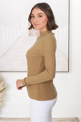 Hellen Knit Top - High Neck Raw Trim Ribbed Top in Tan