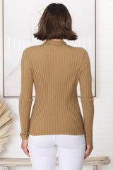 Hellen Knit Top - High Neck Raw Trim Ribbed Top in Tan