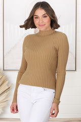 Hellen Knit Top - High Neck Raw Trim Ribbed Top in Tan