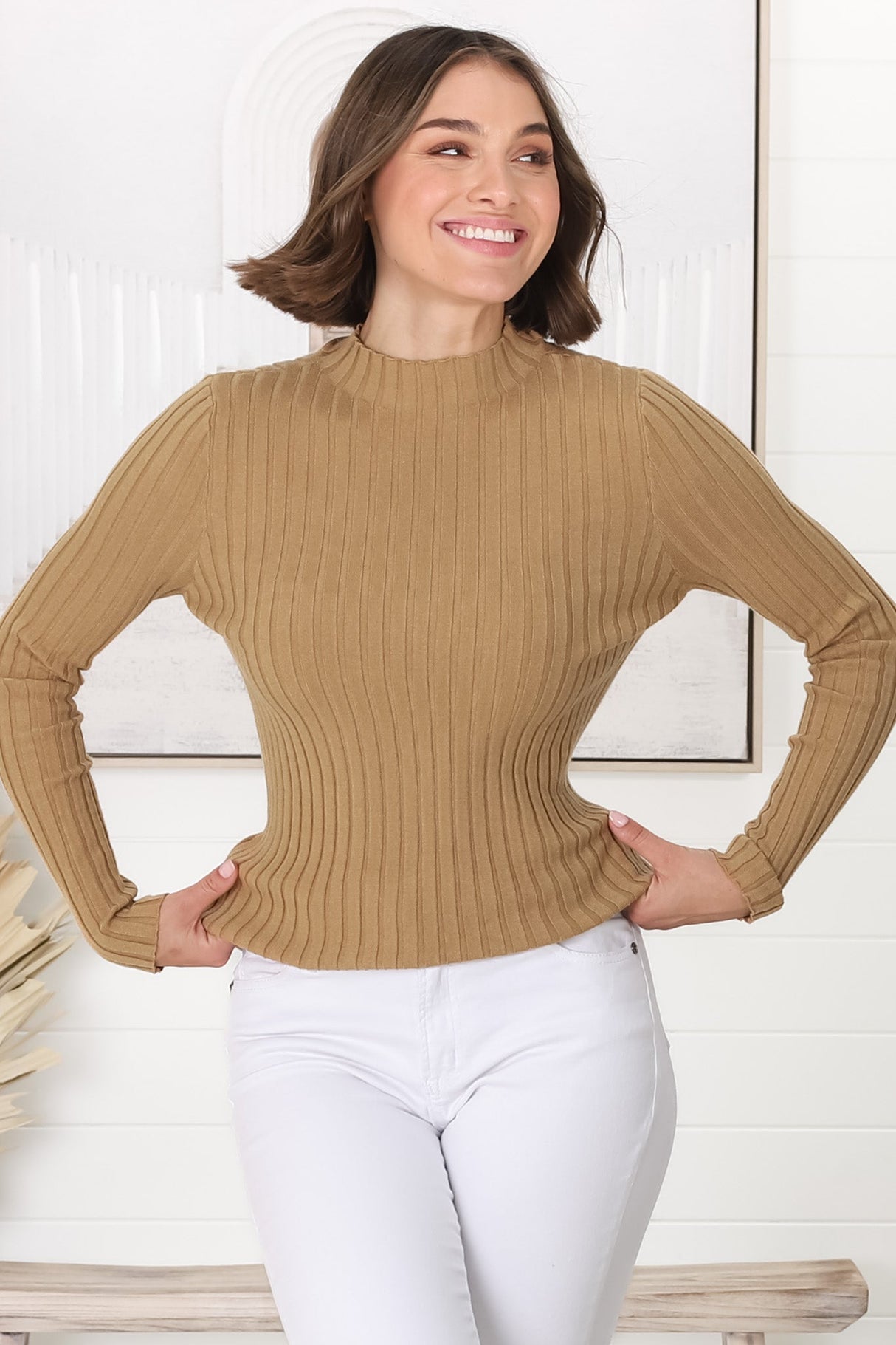 Hellen Knit Top - High Neck Raw Trim Ribbed Top in Tan