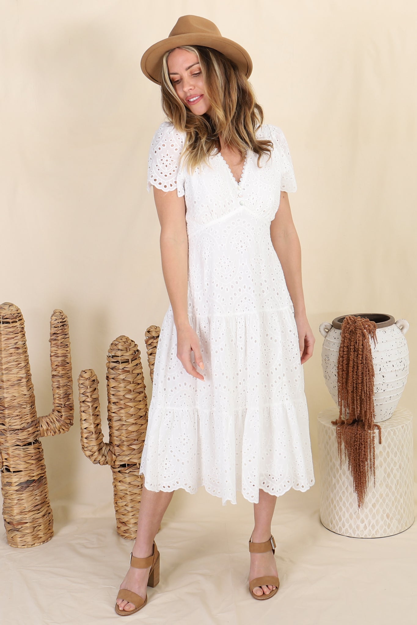 Lilith Midi Dress - Broderie Anglaise Scalloped Hemline A Line Dress in White
