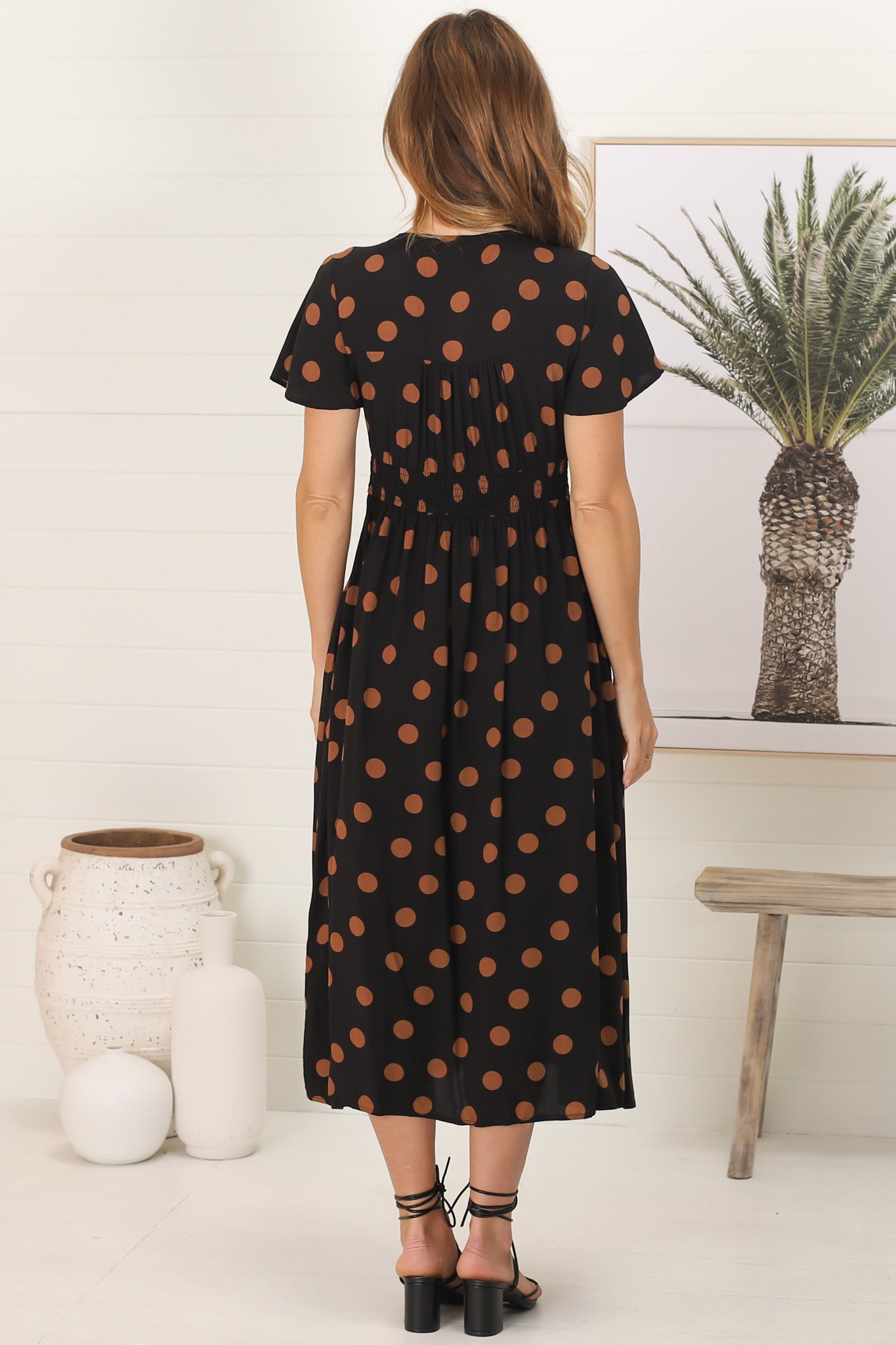 Anais Midi Dress - Cap Flutter Sleeve Button Down A Line Dress in Mahony Print