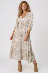Jaden Midi Dress - Elasticated Bodice A-Line Dress in Jeani Print Beige
