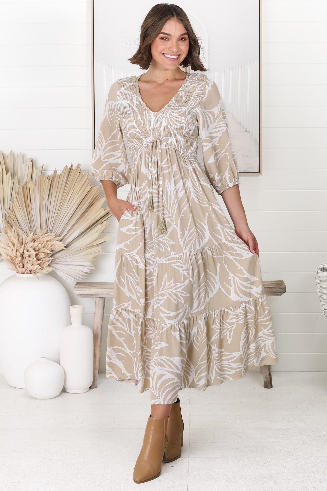 Shop Dresses: Jaden Midi Dress - Jeani Beige | saltycrush.com – Salty Crush