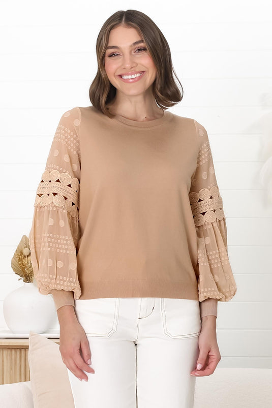 Falinda Knit Top - Crew Neck Lace Sleeve Knit in Beige