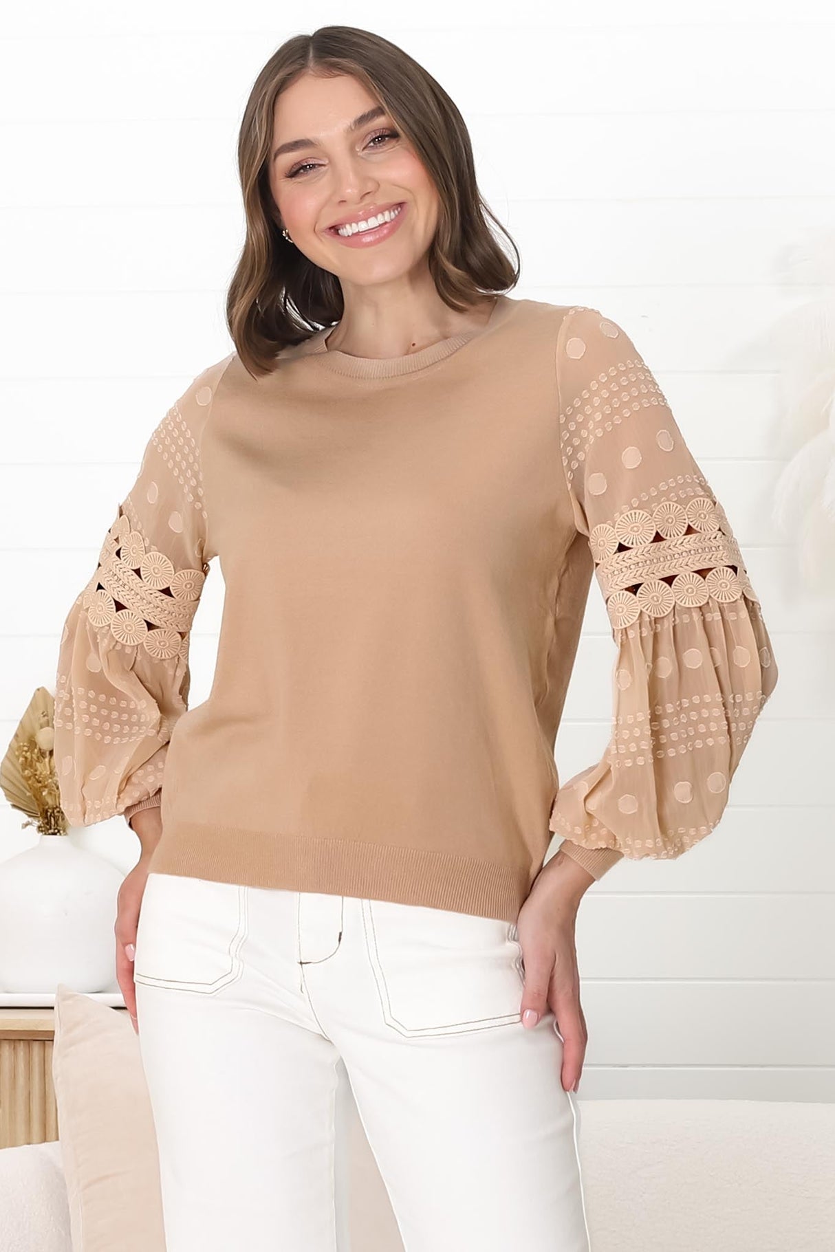 Falinda Knit Top - Crew Neck Lace Sleeve Knit in Beige